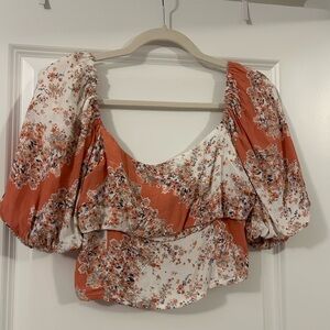 Floral Puff Sleeve Crop Top in Rust and Cream